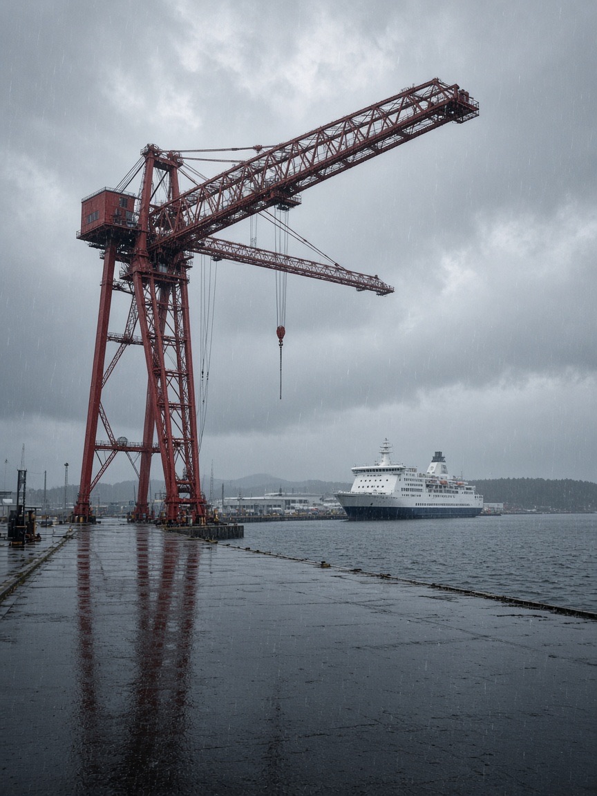 Location, harbour cranes in the rain