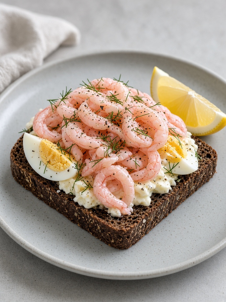 Food, shrimp on rye, lemon