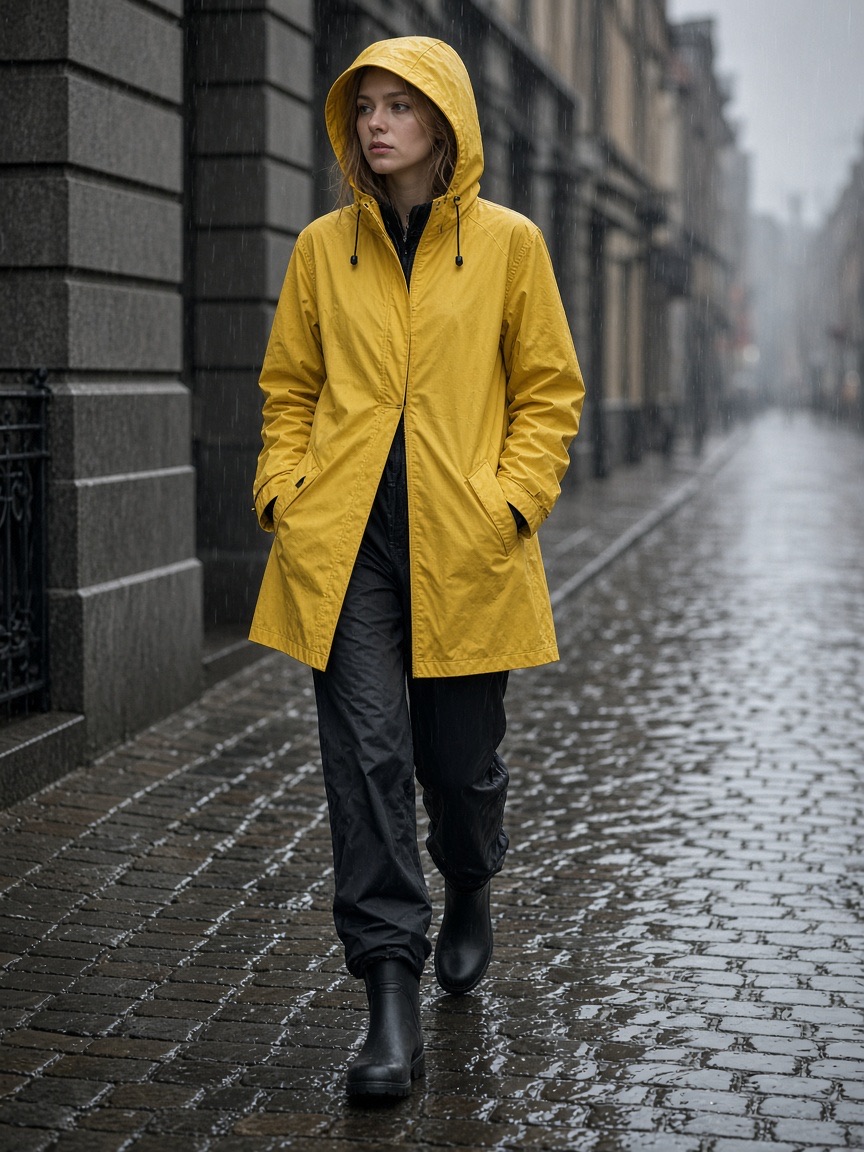Fashion, yellow rain jacket, wet street