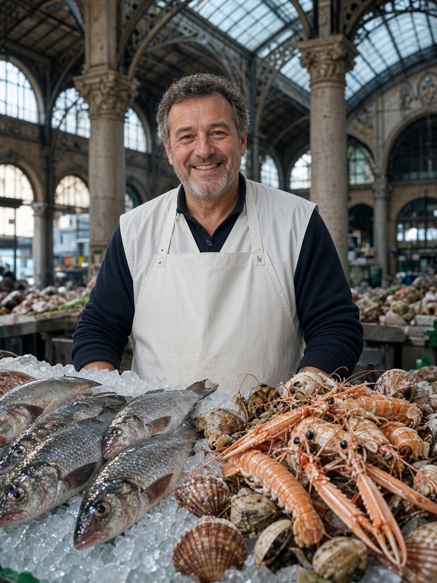 Portrait, fishmonger at the market hall