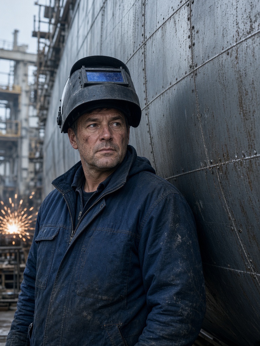Portrait, shipyard welder, visor up