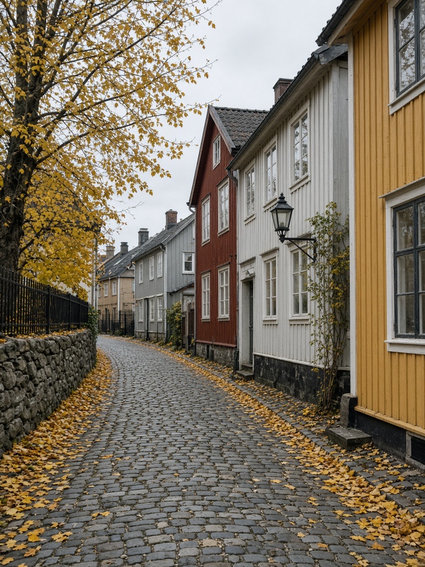 Location, old wooden houses, autumn